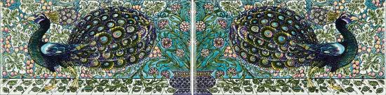 Artworks - William De Morgan Peacock Border 2-Tile Set on Brilliant White - Hyperion Tiles Ltd