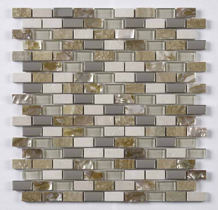 Cream Glass, Stone, Metal & Pearl Mix Mini Brick Mosaic - Hyperion Tiles Ltd