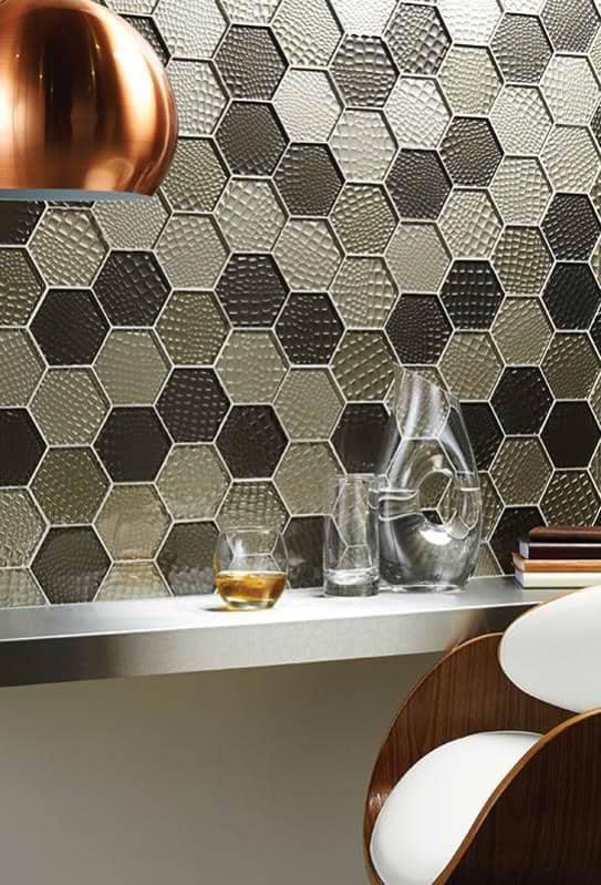 Glassworks Metallic and Sparkling Glass - Futura Sepia Hexagon Mosaic - Hyperion Tiles Ltd