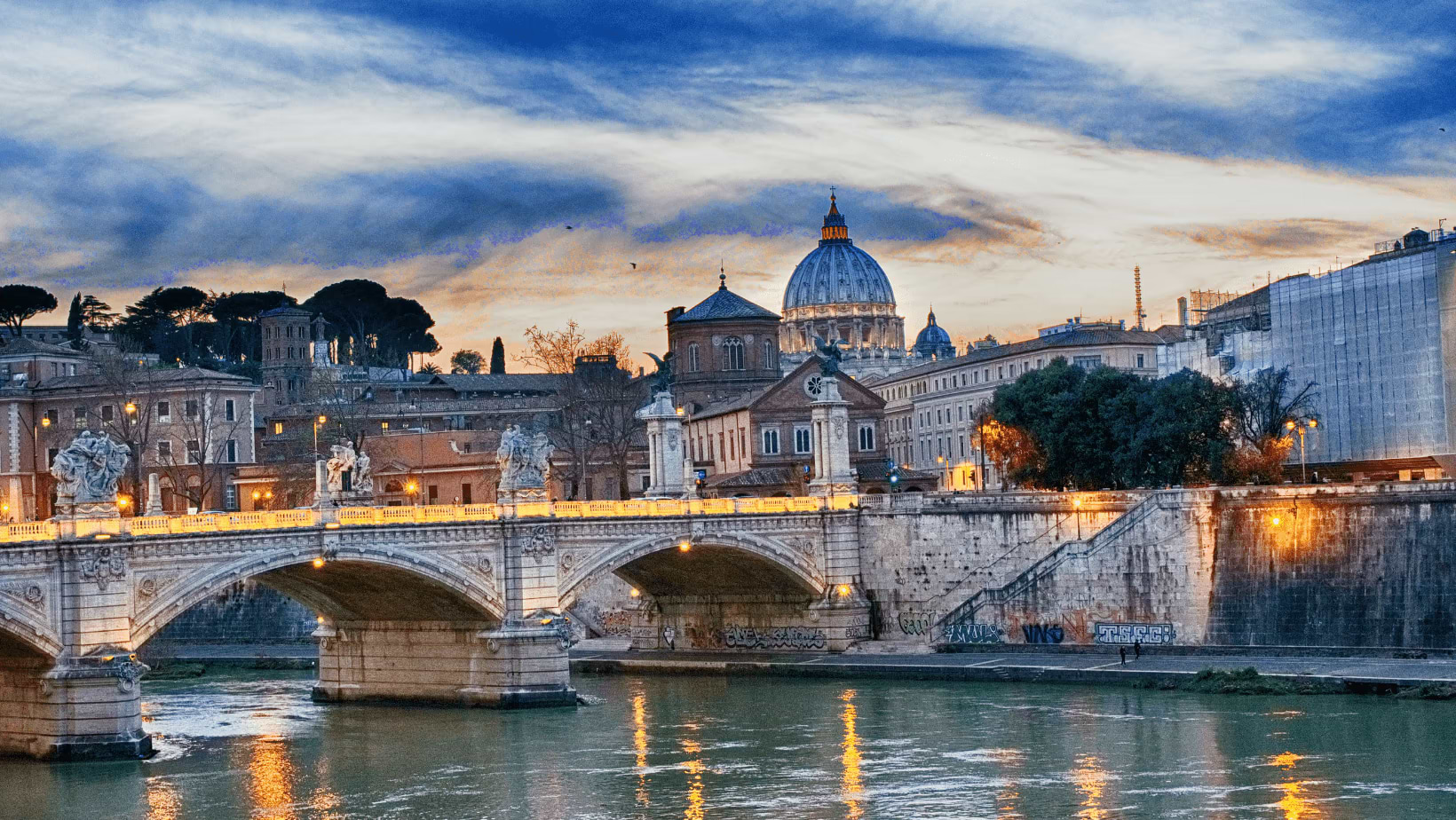 A view of Rome at sunset with the Vatican in the background