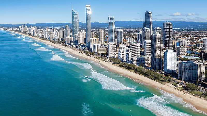 Australia coastline with skyscrapers and ocean background