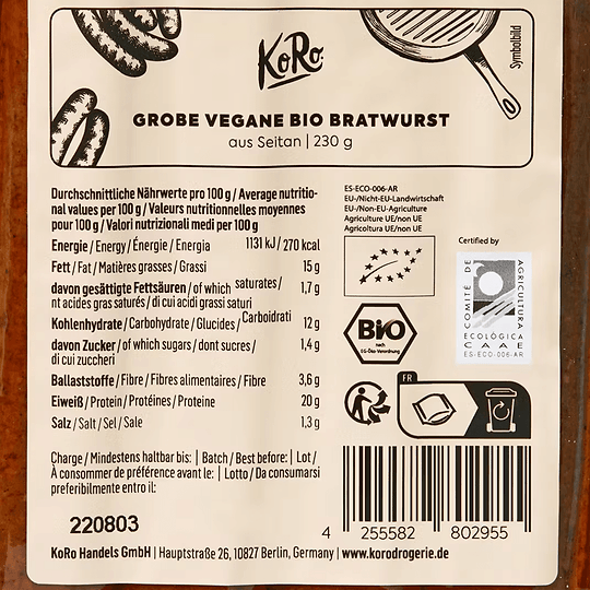 Vegan bratwurst Organic