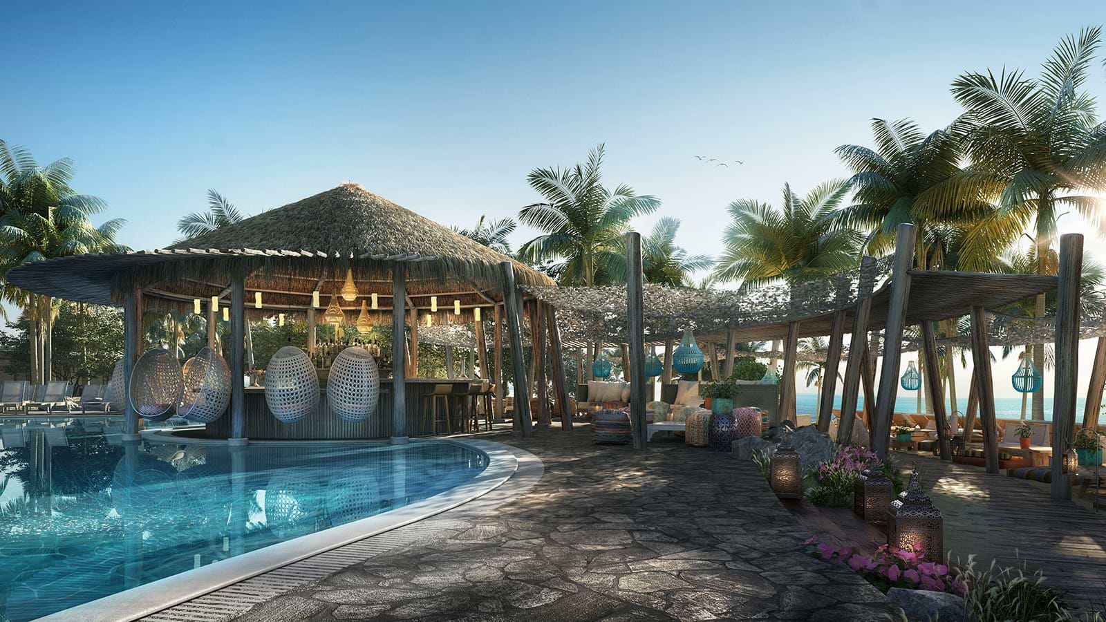 Swimming pool and tiki bar area at Beach Club at Bimini